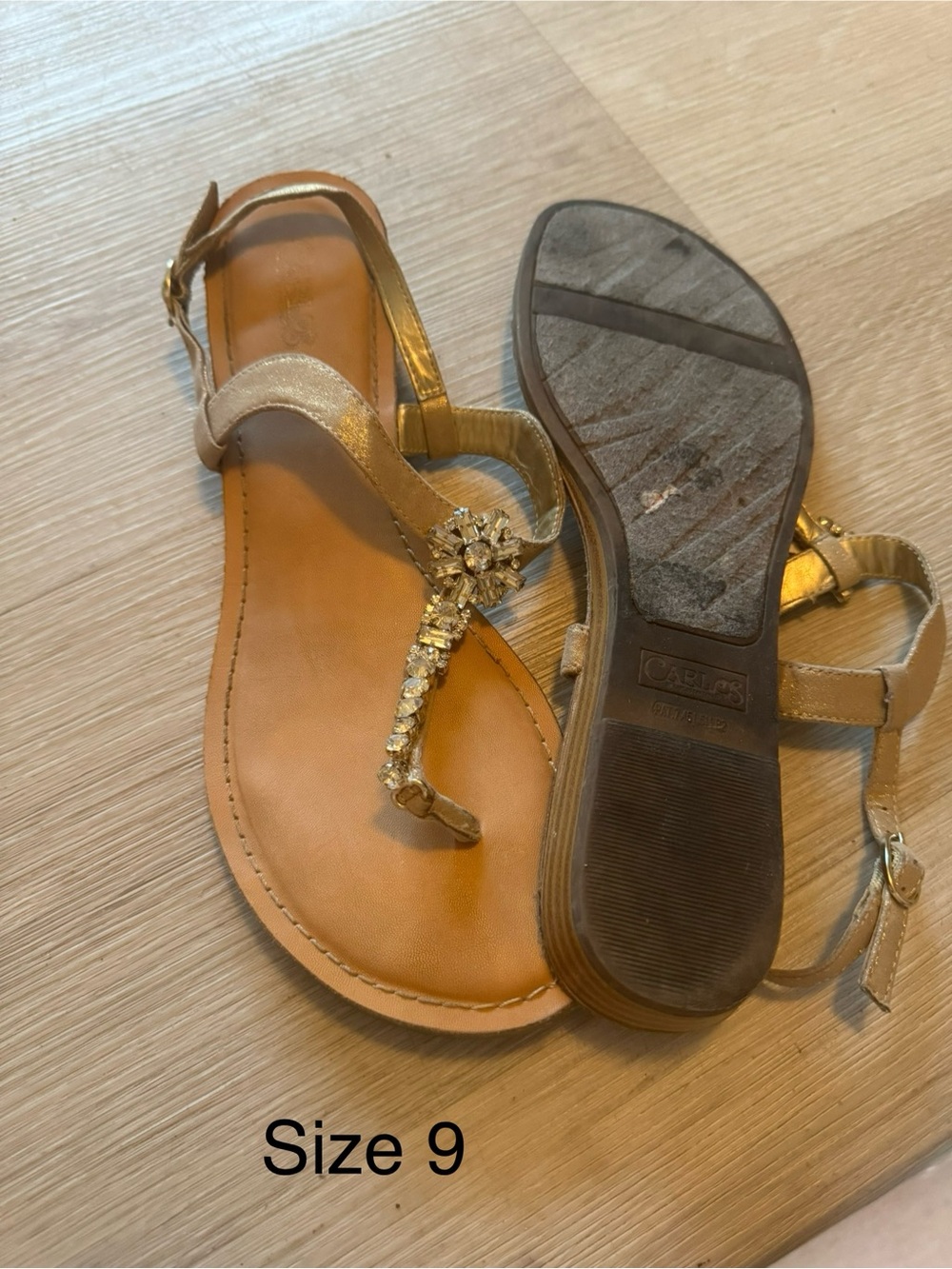 Women's Gold T-Strap Jeweled Sandals